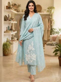 RAJPUTANA CAMISA Women Floral Embroidered Thread Work Chanderi Cotton Kurta with Trousers & Dupatta