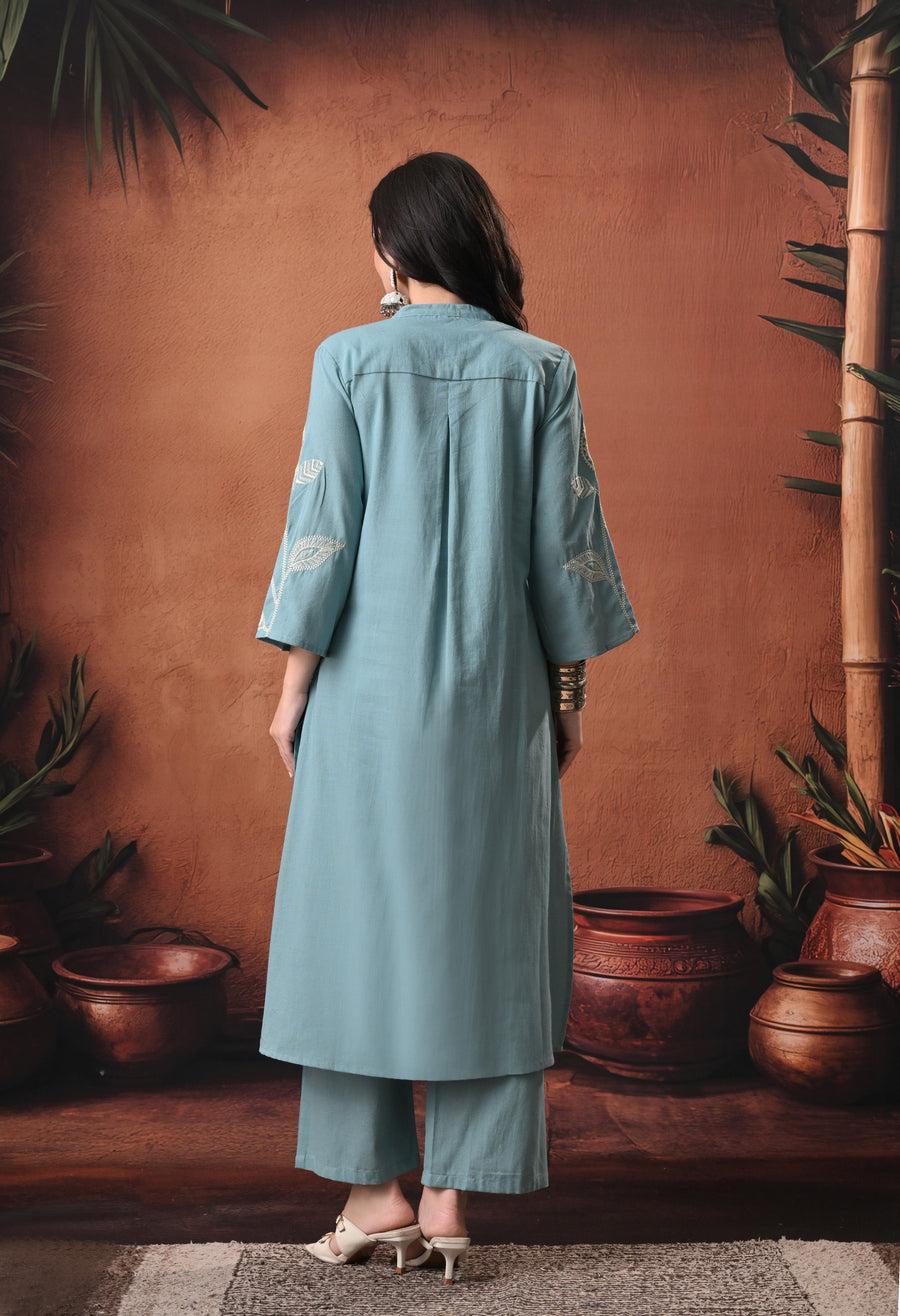 RAJPUTANA CAMISA Embroidered Cotton Kurta With Trouser - Sage Green
