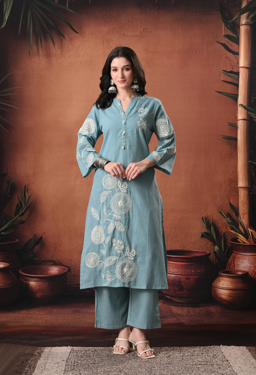 RAJPUTANA CAMISA Embroidered Cotton Kurta With Trouser - Sage Green