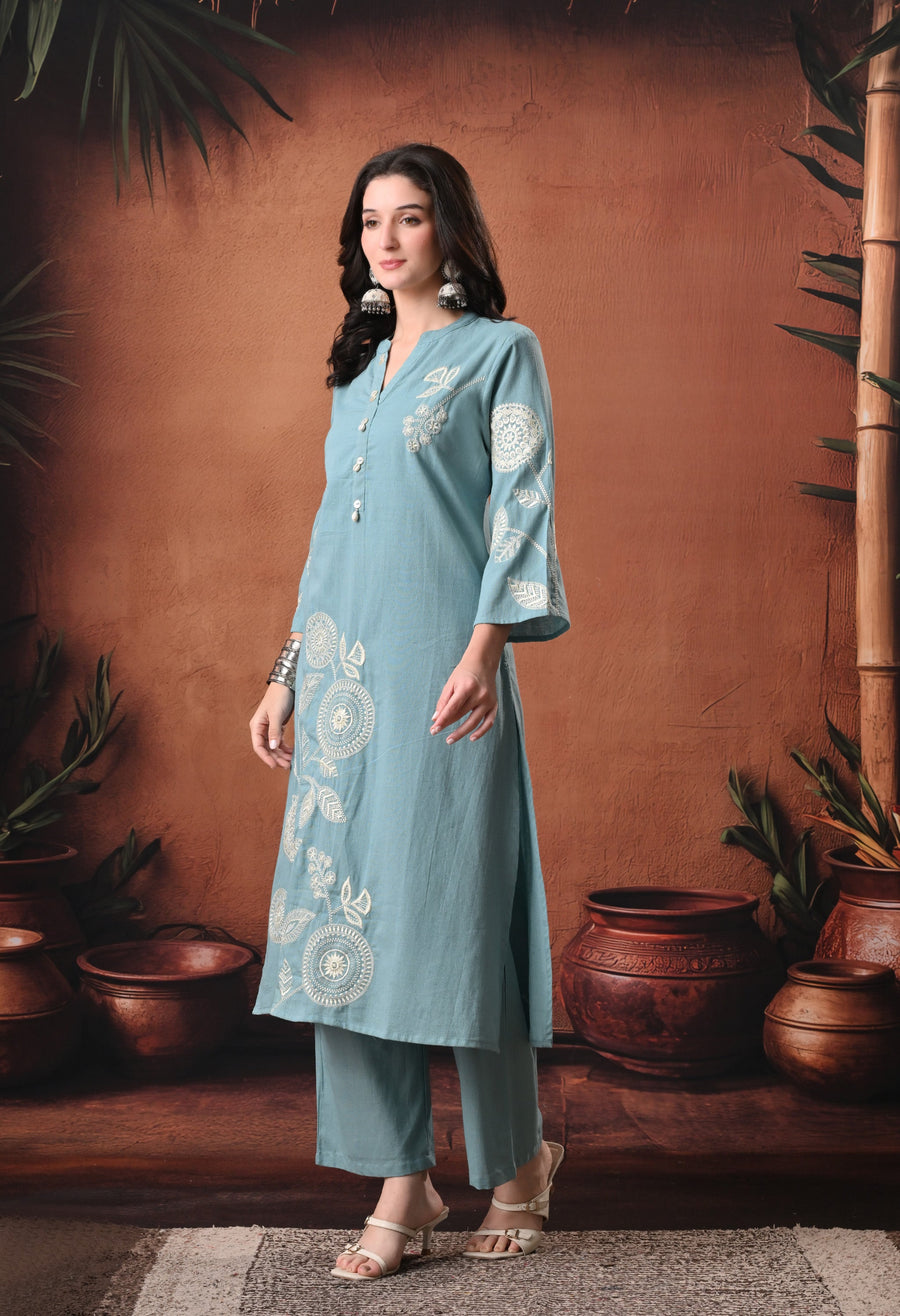 RAJPUTANA CAMISA Embroidered Cotton Kurta With Trouser - Sage Green