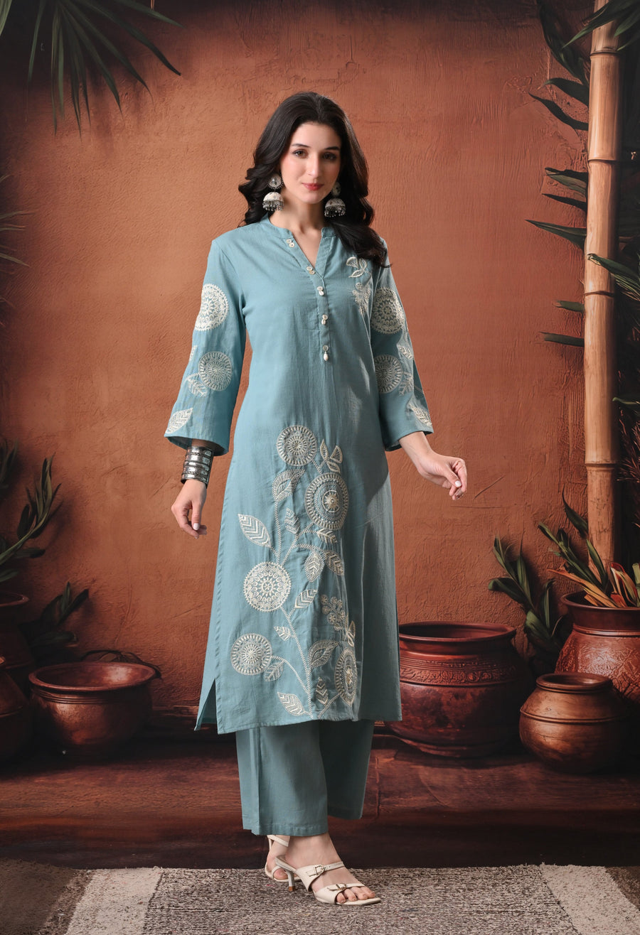 RAJPUTANA CAMISA Embroidered Cotton Kurta With Trouser - Sage Green