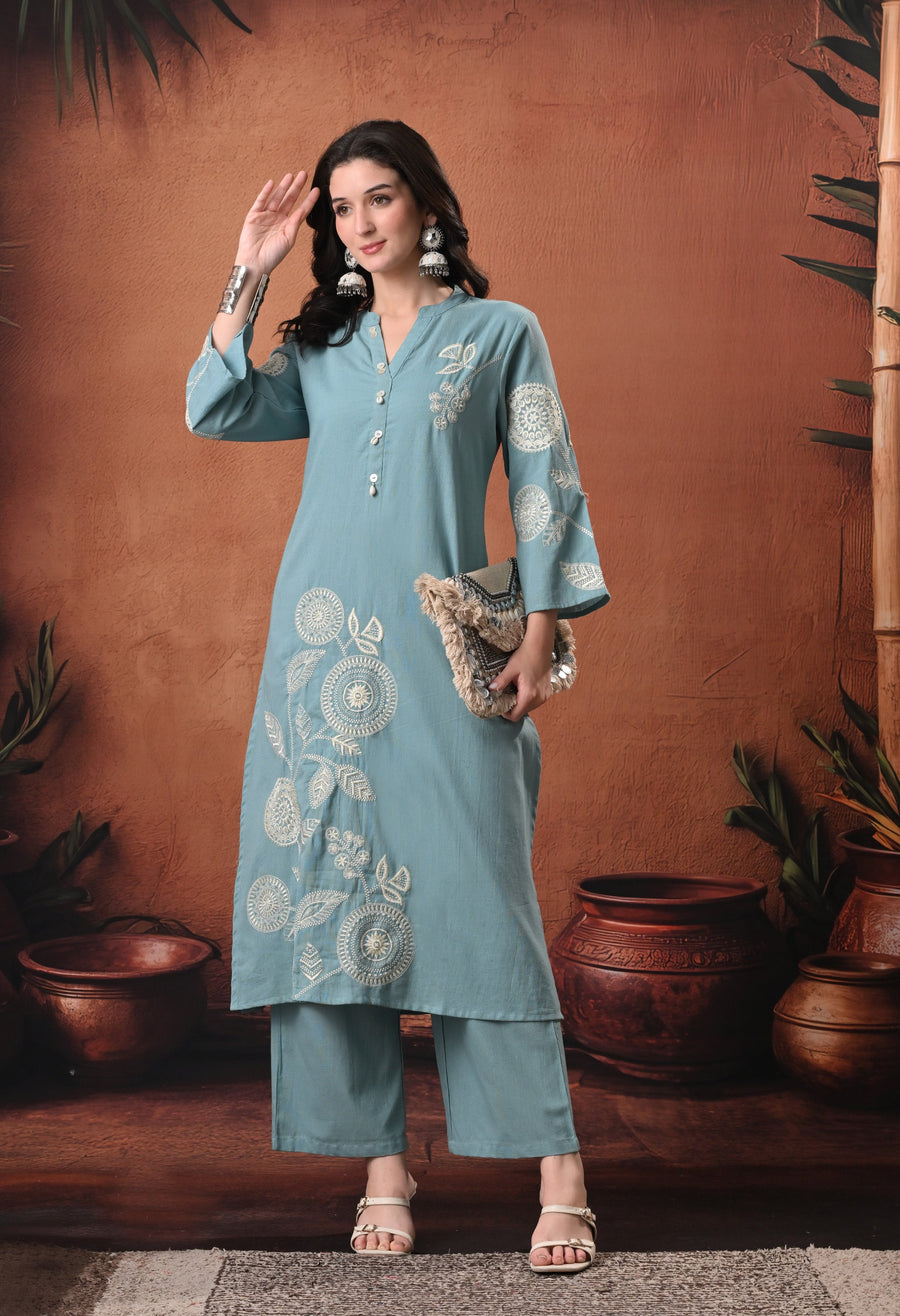 RAJPUTANA CAMISA Embroidered Cotton Kurta With Trouser - Sage Green