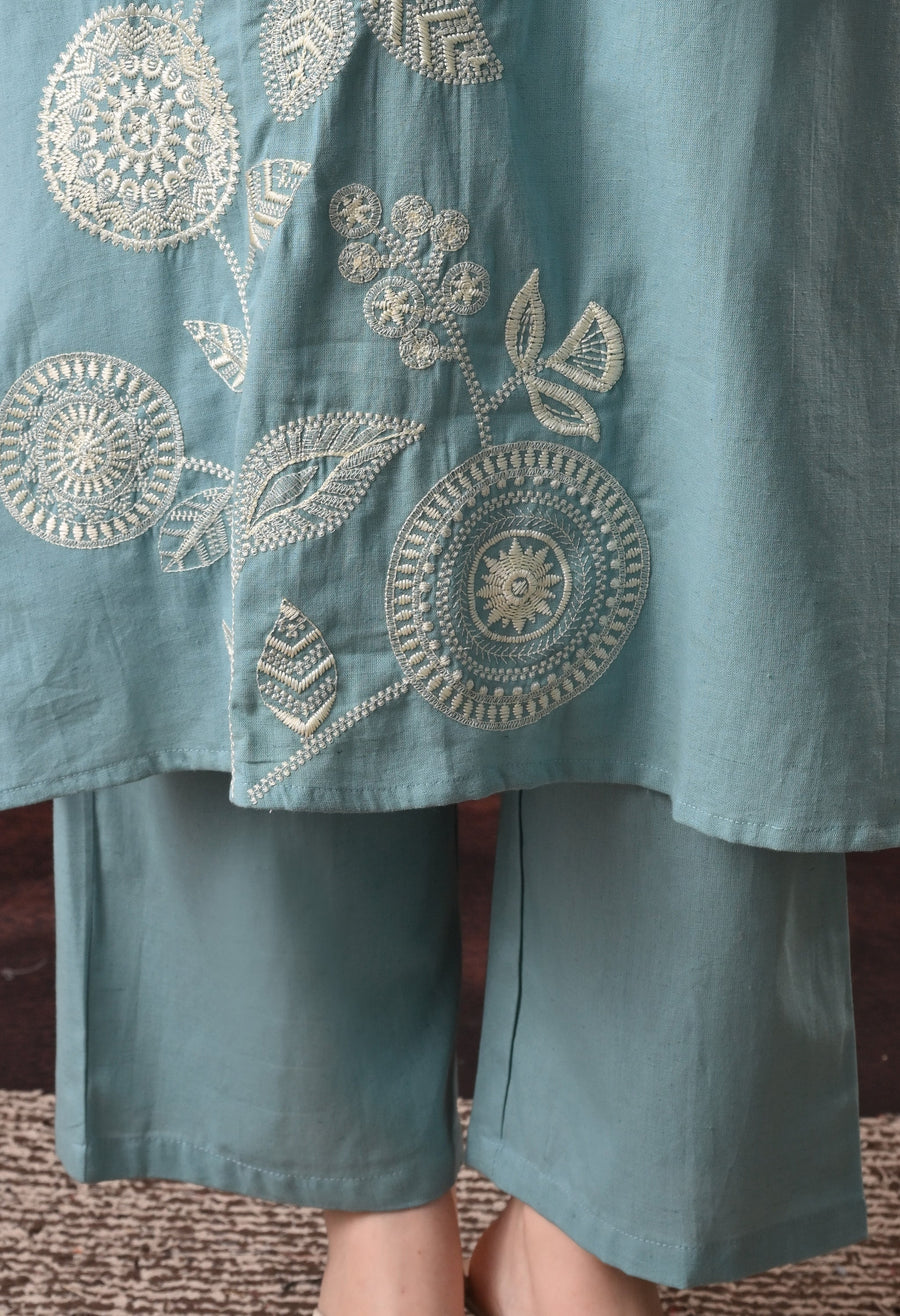 RAJPUTANA CAMISA Embroidered Cotton Kurta With Trouser - Sage Green