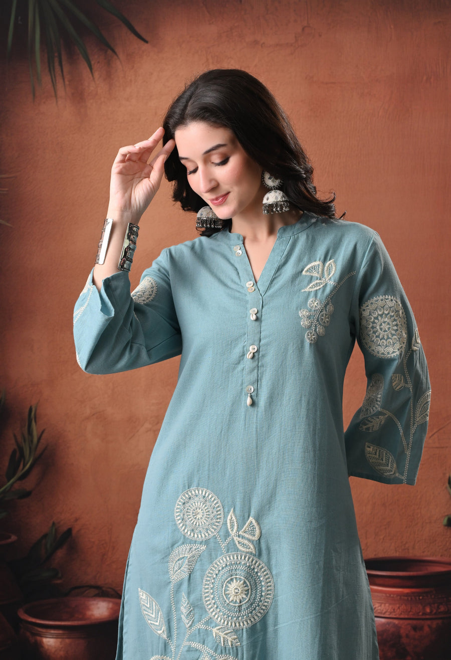 RAJPUTANA CAMISA Embroidered Cotton Kurta With Trouser - Sage Green