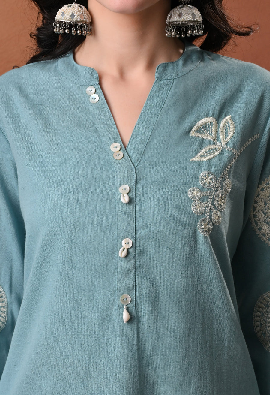 RAJPUTANA CAMISA Embroidered Cotton Kurta With Trouser - Sage Green