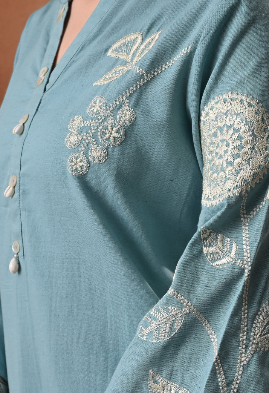 RAJPUTANA CAMISA Embroidered Cotton Kurta With Trouser - Sage Green