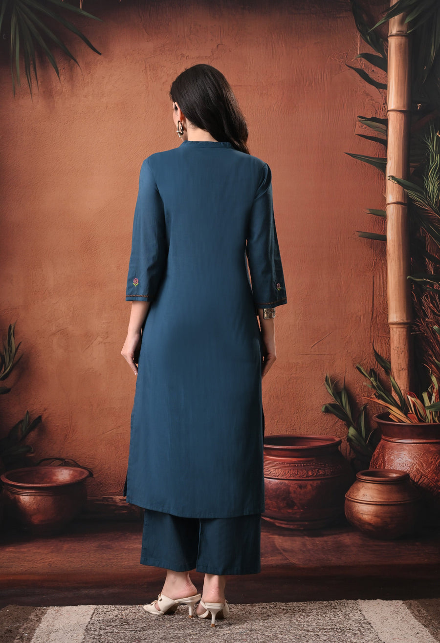 RAJPUTANA CAMISA Floral Embroidered Cotton Kurta With Trouser - Deep Teal