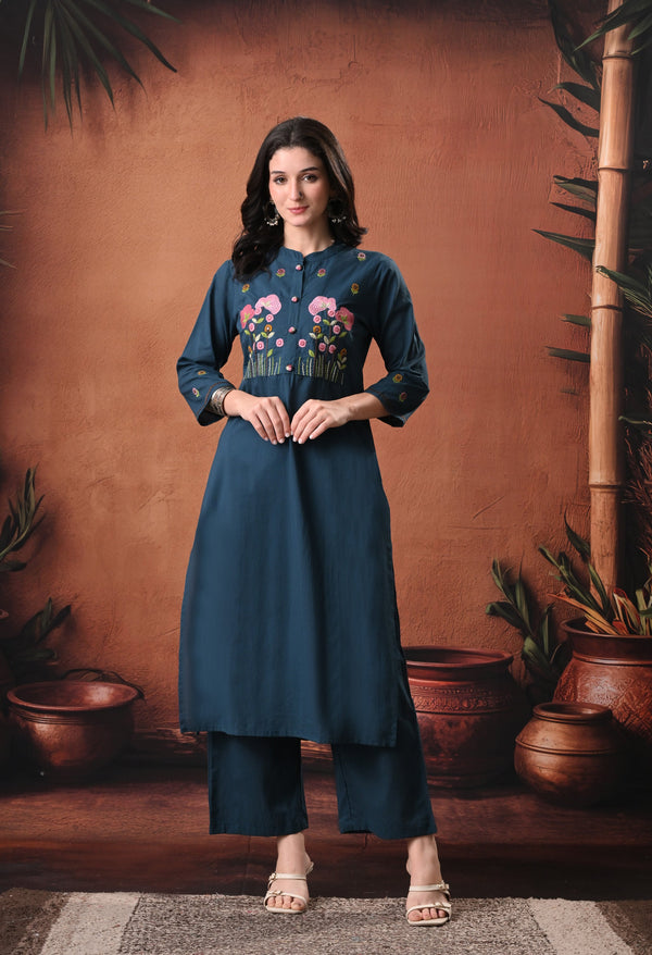 RAJPUTANA CAMISA Floral Embroidered Cotton Kurta With Trouser - Deep Teal