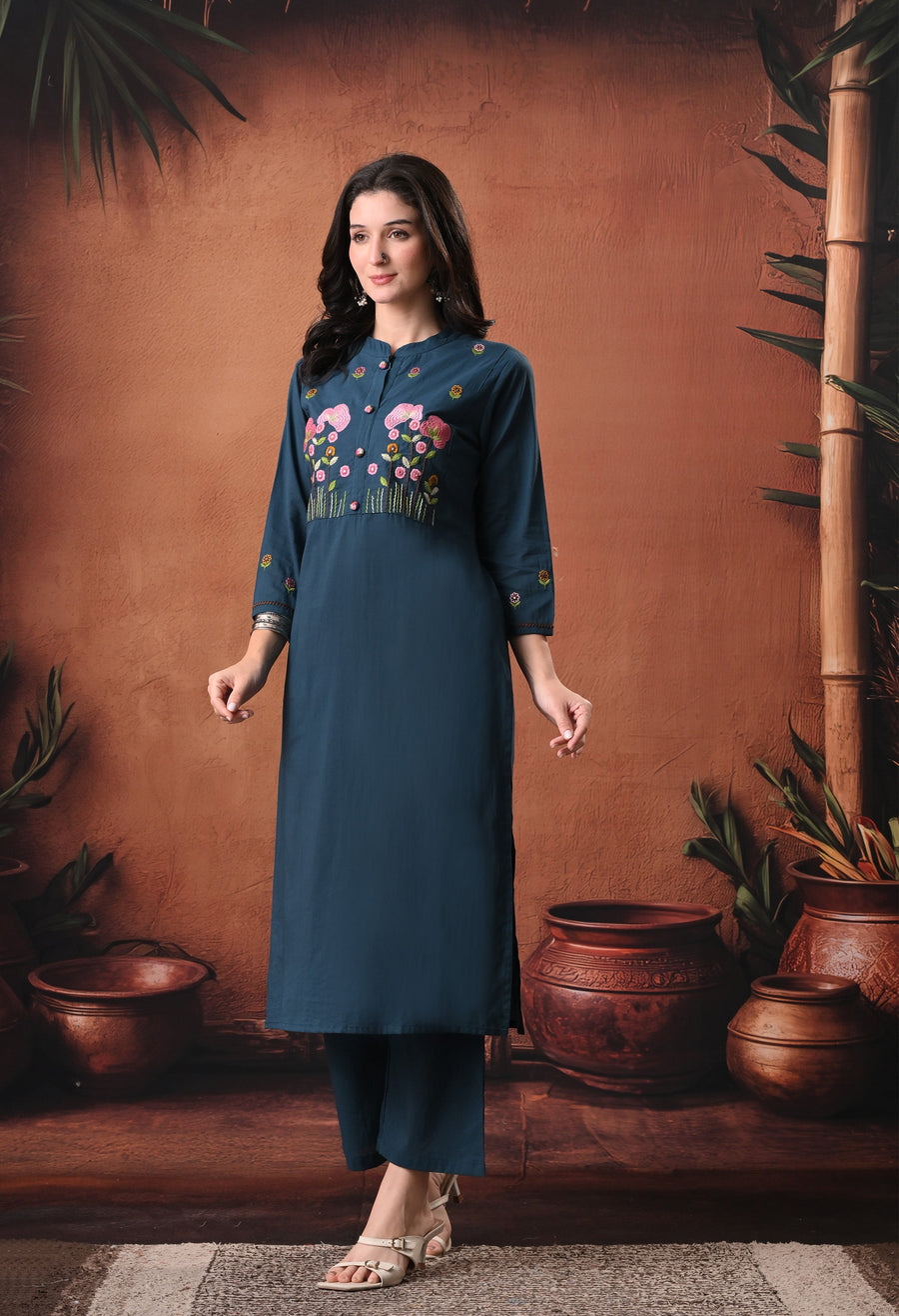 RAJPUTANA CAMISA Floral Embroidered Cotton Kurta With Trouser - Deep Teal