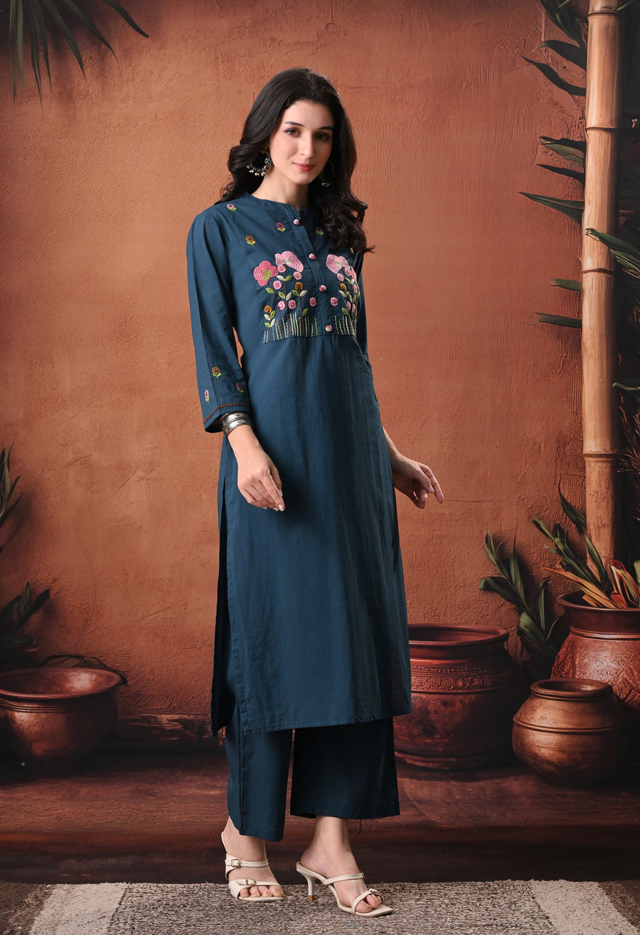 RAJPUTANA CAMISA Floral Embroidered Cotton Kurta With Trouser - Deep Teal
