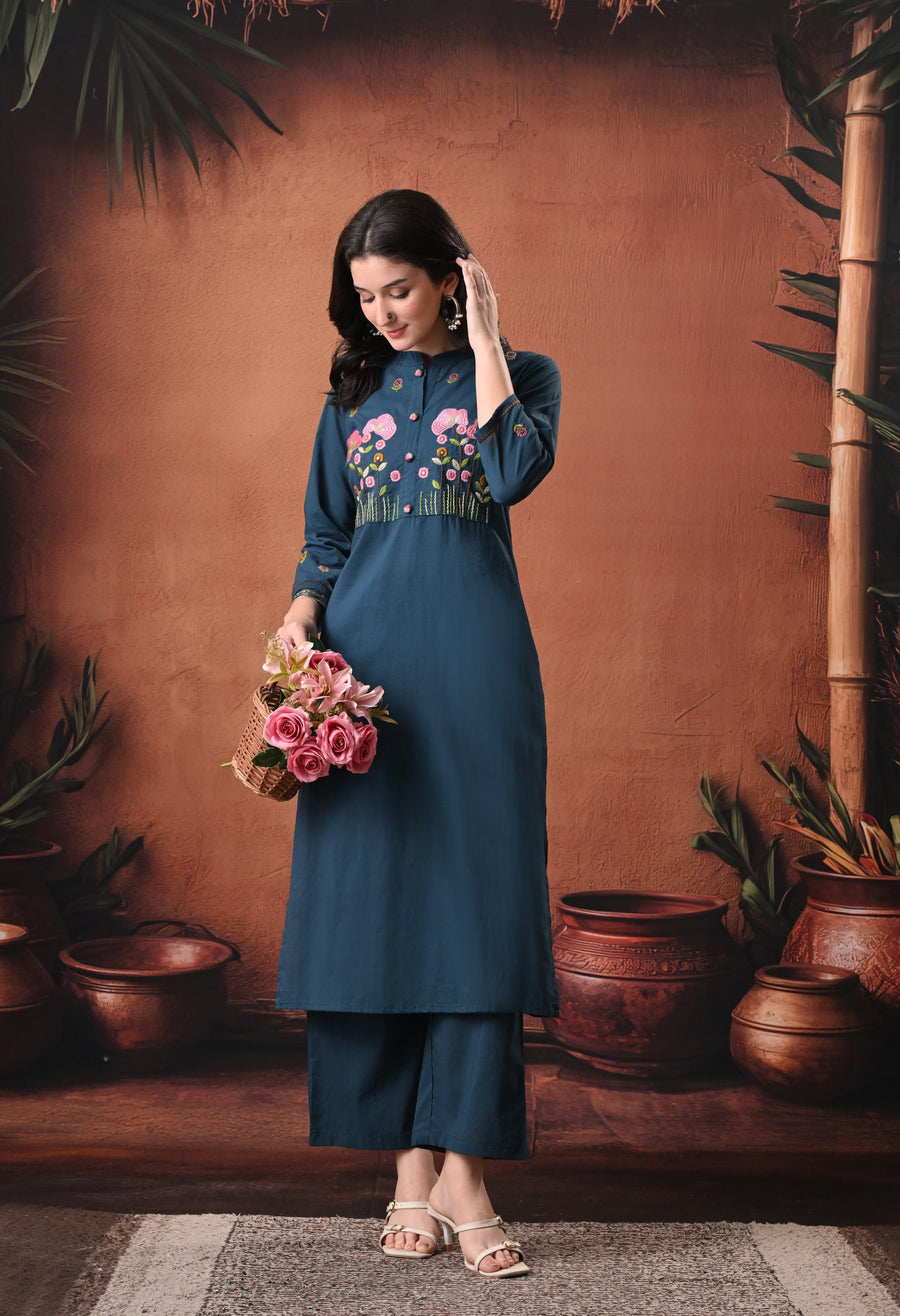 RAJPUTANA CAMISA Floral Embroidered Cotton Kurta With Trouser - Deep Teal