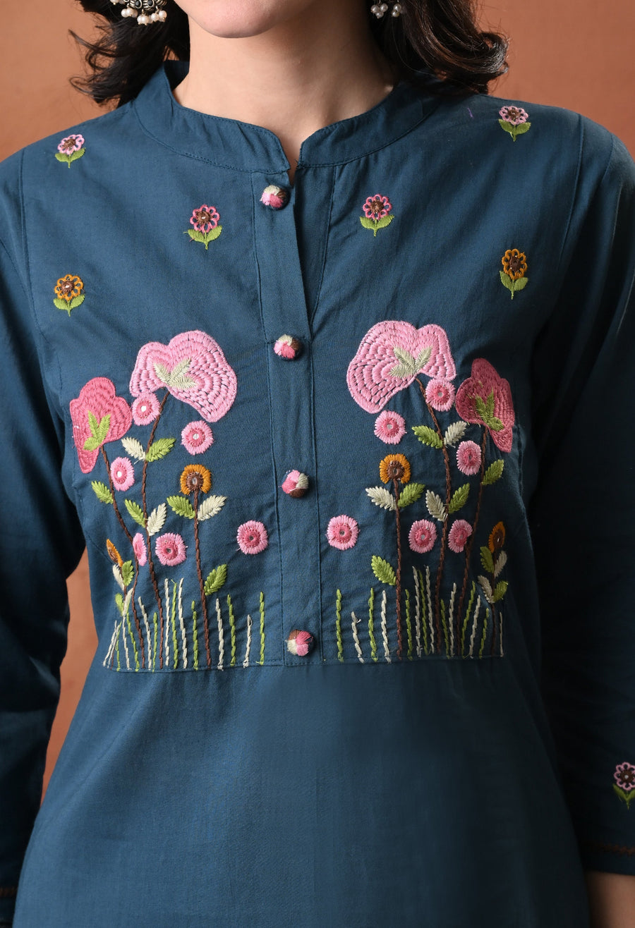 RAJPUTANA CAMISA Floral Embroidered Cotton Kurta With Trouser - Deep Teal