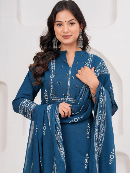 Rajputana Camisa Ethnic Motifs Printed Pure Cotton Kurta Set Blue – photo 2