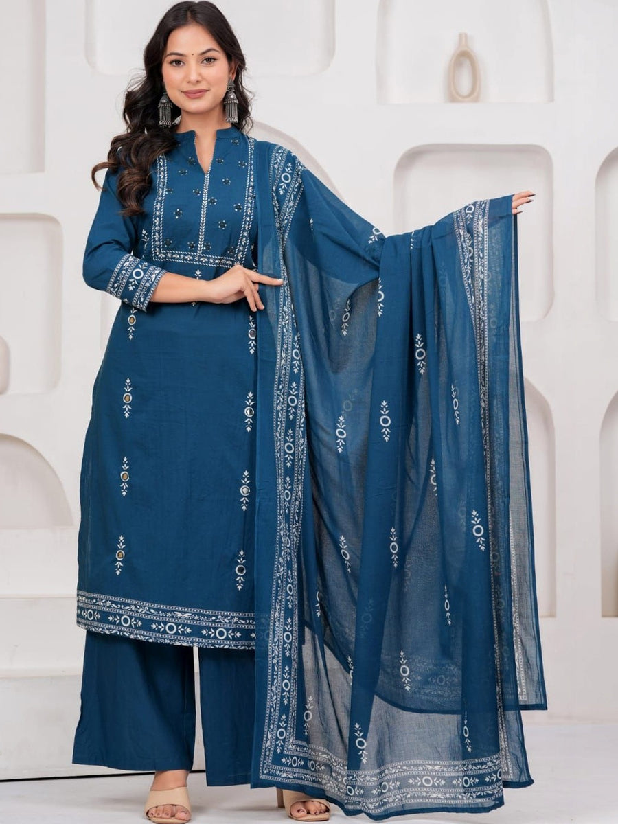 Rajputana Camisa Ethnic Motifs Printed Pure Cotton Kurta Set Blue