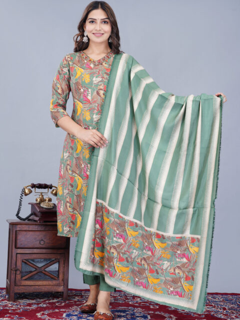 Floral Printed Pure Muslin Ethnic Party Kurta Pant Dupatta Set