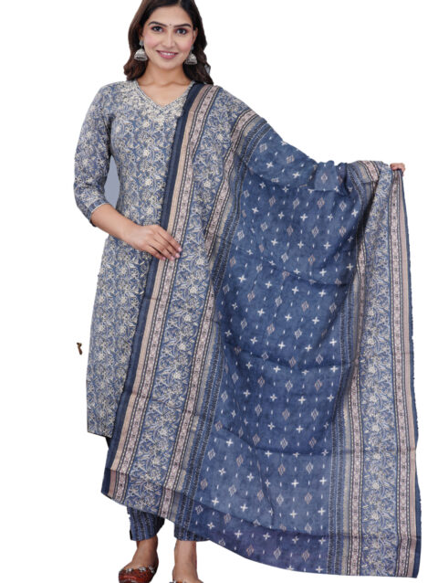 Rajputana Camisa Women's Floral Printed Muslin Kurti Pant With Dupatta For Ethnic And Party Wear