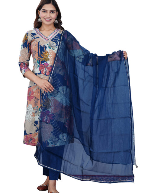 Rajputana Camisa Women’s Floral Printed Muslin Kurti Pant With Dupatta For Ethnic Wear